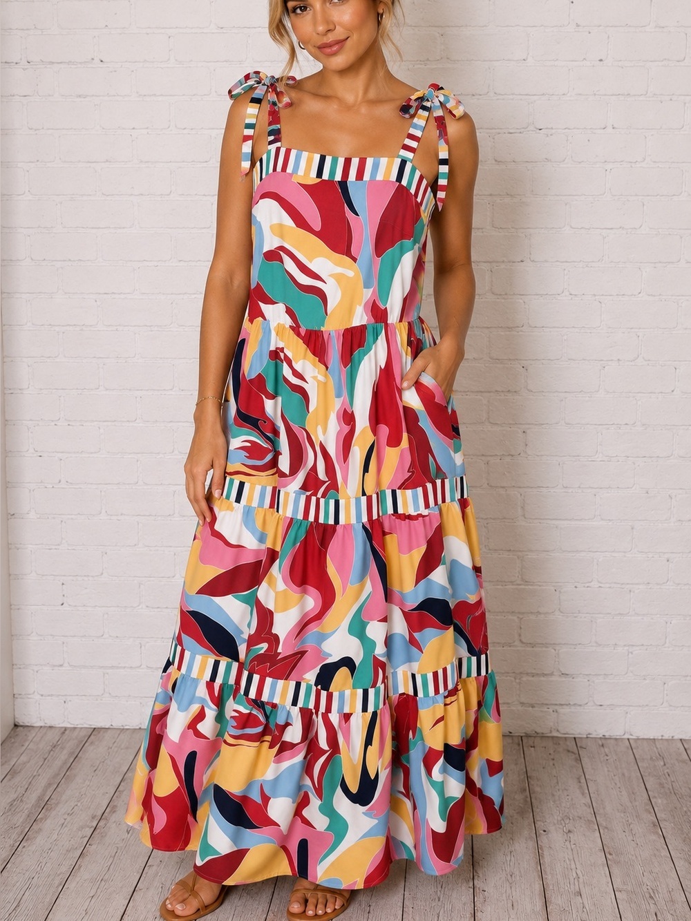 Colorful Abstract Tiered Maxi Dress with Tie Straps